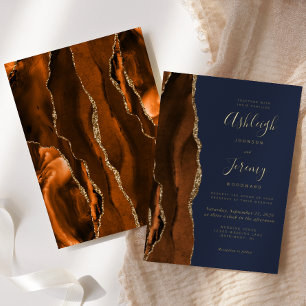 Invitation En Aluminium Brûlé Orange Agate Or Mariage bleu marine