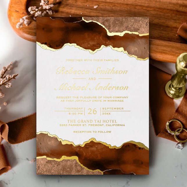 Invitation En Aluminium Brûlé Orange Terracotta Agate Marbre Mariage Or (Créateur téléchargé)