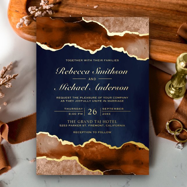 Invitation En Aluminium Brûlé Orange Terracotta Agate Marine Mariage Gold (Créateur téléchargé)