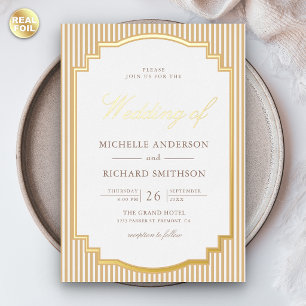 Invitation En Aluminium Brun beige rayé photo mariage or