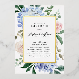 Invitation En Aluminium Brunch Bébé aux Hortensias Bleus et Roses Roses