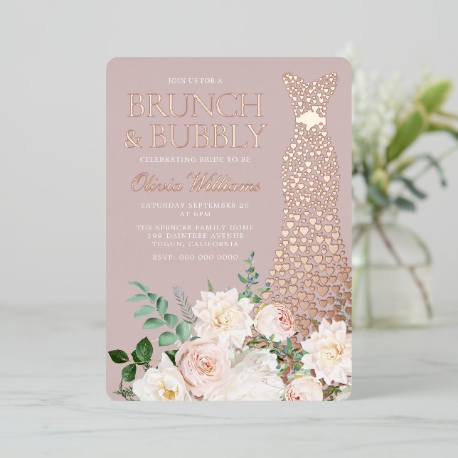 Invitation En Aluminium Brunch & Bubbly Fête des mariées robe Rose Or (Debout devant)