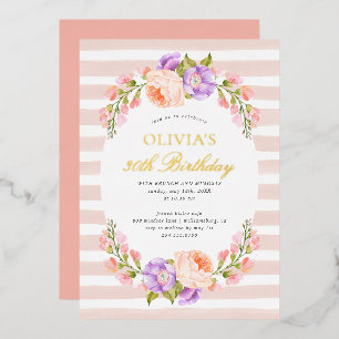 Invitation En Aluminium Brunch d'anniversaire avec rayure rose et fleurs