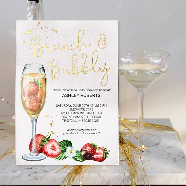 Invitation En Aluminium Brunch Fête des mariées champagne fraise Bubbly (Gold Foil bridal shower invitation from my Strawberries and Champagne bridal shower collection)