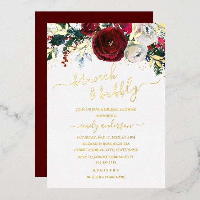 Invitation En Aluminium Brunch Floral Rouge Noel Et Bubbly (Recto/Verso)