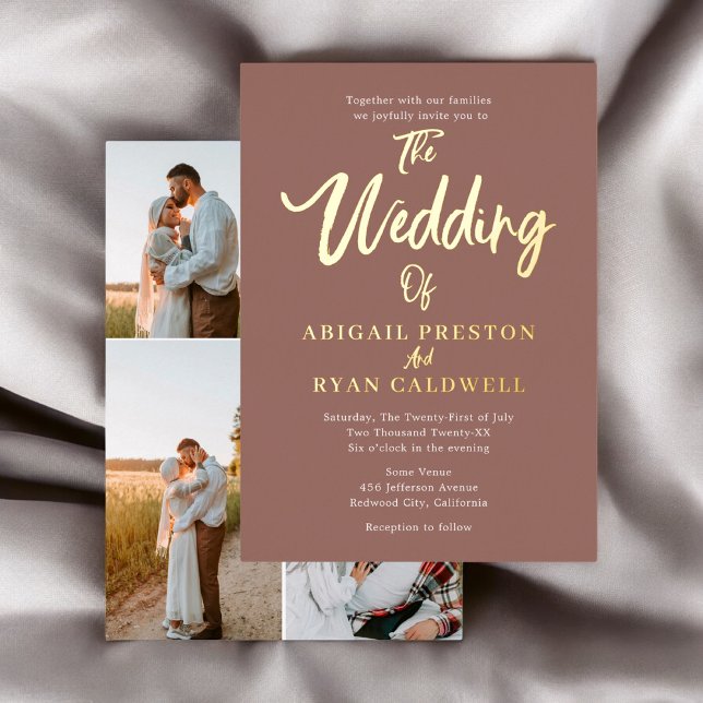 Invitation En Aluminium Brush Calligraphy 4 Photo Mariage Brown (Créateur téléchargé)