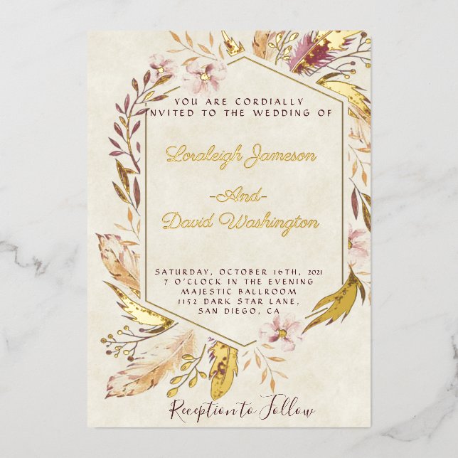 Invitation En Aluminium Budget Boho plumes de mariage  (Recto)