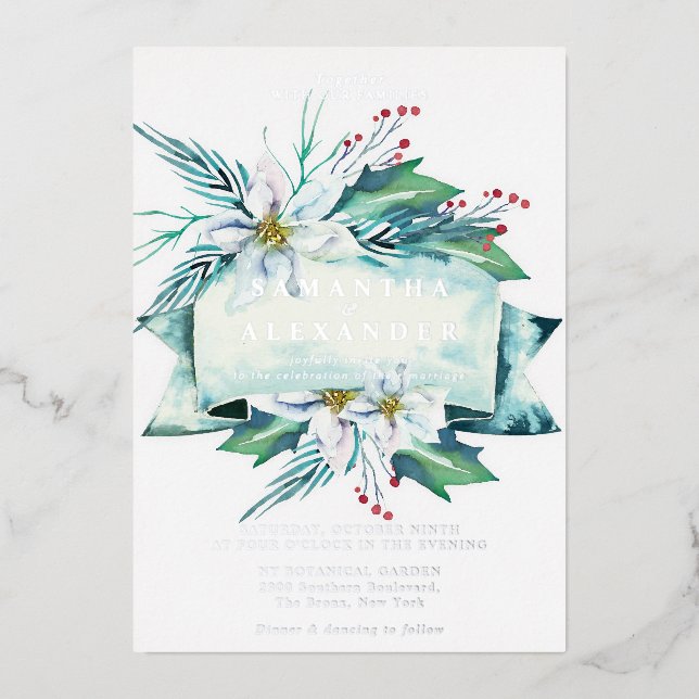 Invitation En Aluminium Budget Hiver Bouquet floral Mariage aquarelle (Recto)