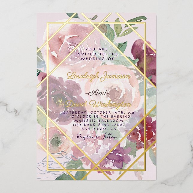 Invitation En Aluminium Budget Rose floral et or géométrique (Recto)