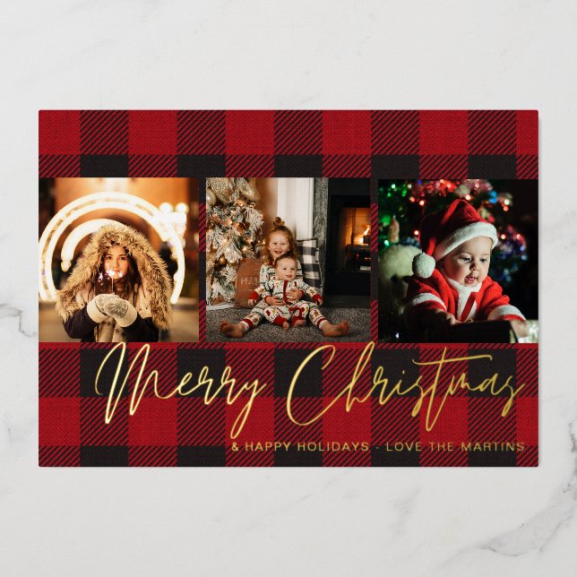 Invitation En Aluminium Buffalo Check 3 Photo Joyeux Noël (Recto)