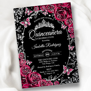 Invitation En Aluminium Burgundy Argent Noir Roses Quinceanera