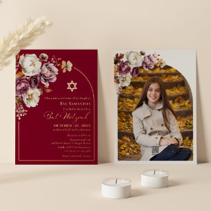 Invitation En Aluminium Burgundy Automne Floral Bat Mitzvah Photo Réaliste