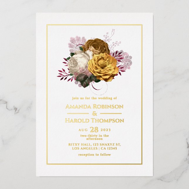 Invitation En Aluminium Burgundy blanche et Mariage Floral or (Recto)