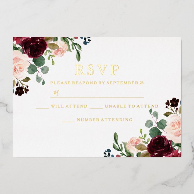 Invitation En Aluminium Burgundy & Blush Aquarelle Mariage Gold RSVP (Recto)