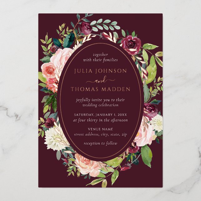 Invitation En Aluminium Burgundy Blush Rose Gold Floral Folial Mariage (Recto)