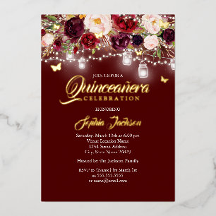 Invitation En Aluminium Burgundy Fleurs Lumineuses Quinceanera