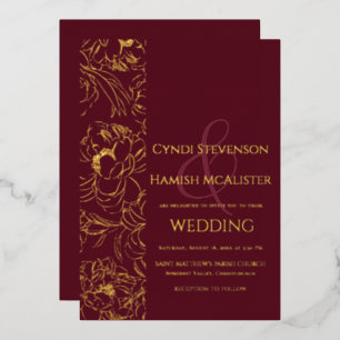 Invitation En Aluminium Burgundy Floral de Soirée Mariage Feuille de métal