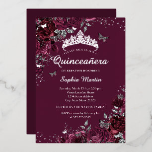 Invitation En Aluminium Burgundy Floral Elegant Silver Quinceanera
