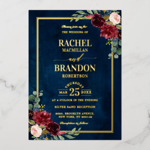 Invitation En Aluminium Burgundy Floral Gold Navy Bleu Russe Mariage