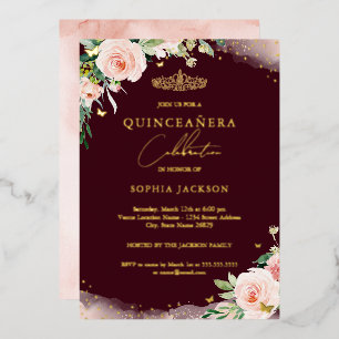 Invitation En Aluminium Burgundy Floral Quinceanera Fête d'anniversaire ro