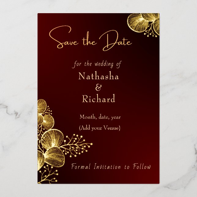 Invitation En Aluminium Burgundy & Glided Floral Elegant Wedding  (Recto)