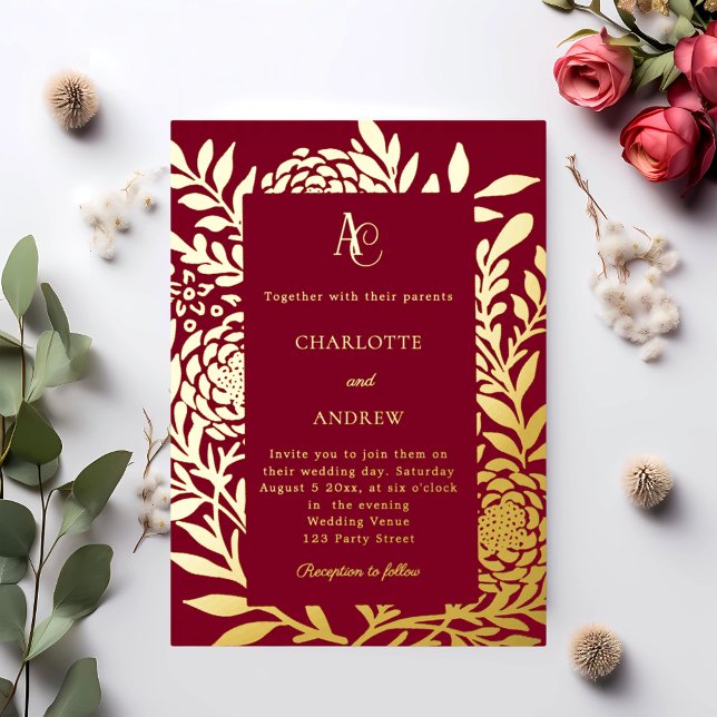 Invitation En Aluminium Burgundy gold botanical monogram luxury wedding (Créateur téléchargé)