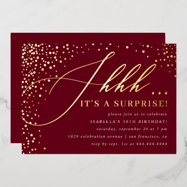 Invitation En Aluminium Burgundy & Gold Confetti Script Surprise Party (Recto/Verso)