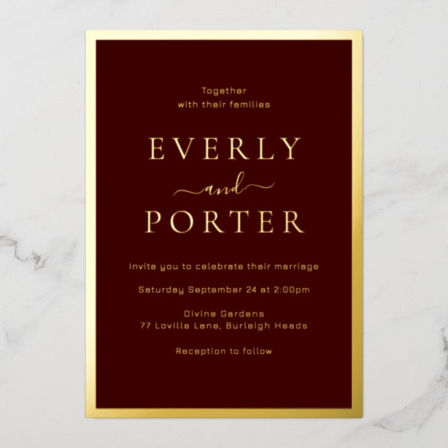Invitation En Aluminium Burgundy & Gold Elegance Mariage Golden (Recto)