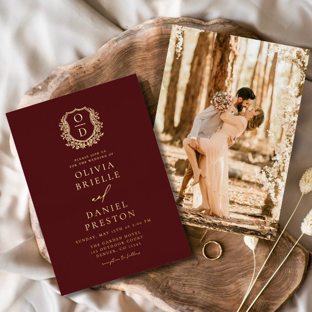 Invitation En Aluminium Burgundy Gold Foil Photo Monogramme Mariage (Créateur téléchargé)