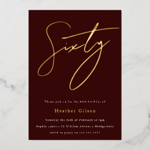 Invitation En Aluminium Burgundy & Gold Foil Script 60e fête d'anniversair