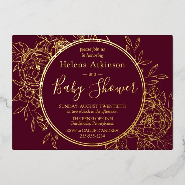 Invitation En Aluminium Burgundy & Gold Modern Peony Toile Baby shower (Recto)