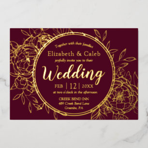 Invitation En Aluminium Burgundy & Gold Peony Modern Toile Mariage