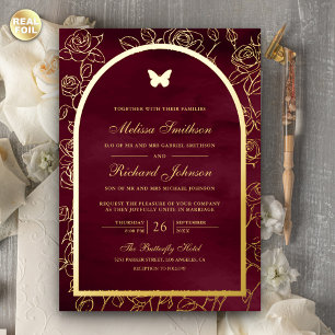 Invitation En Aluminium Burgundy Line Art Arch Papillon Mariage Or