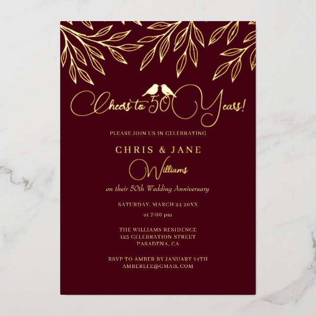Invitation En Aluminium Burgundy Love Birds 50th Wedding Anniversary  (Recto)