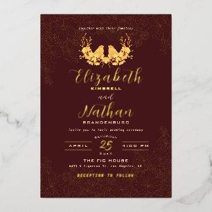 Invitation En Aluminium Burgundy & Oiseaux d'or de luxe Motif floral
