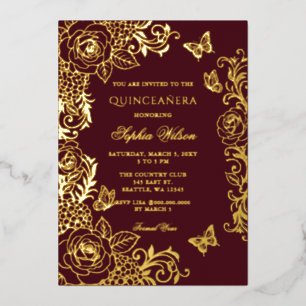 Invitation En Aluminium Burgundy Or Floral Papillon Quinceañera