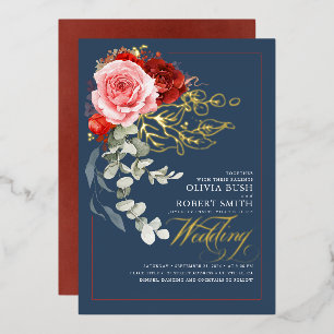 Invitation En Aluminium Burgundy Rouge Fleurs Rose Bohème Bleu Nuit Mariag