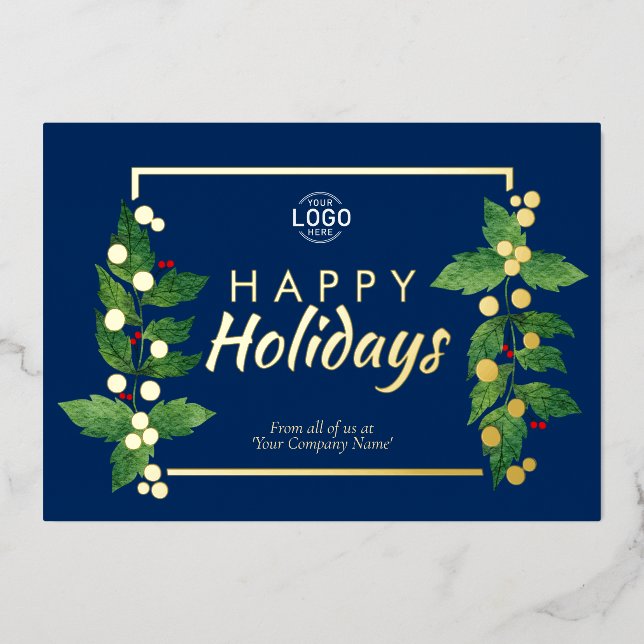 Invitation En Aluminium Business Happy Holidays Blue Real Gold Foil Card (Recto)