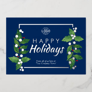 Invitation En Aluminium Business Happy Holidays Blue Real Silver Foil Card