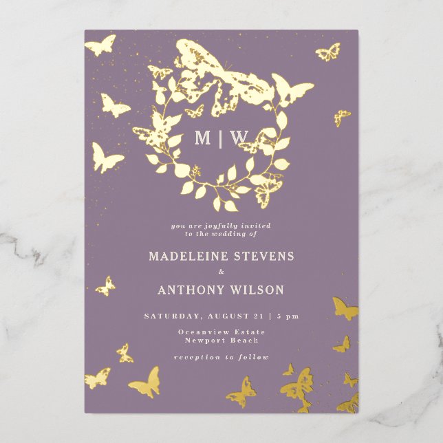 Invitation En Aluminium Butterfly Crest Lilac Gold Monogrammes Mariage (Recto)