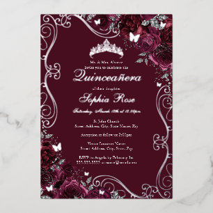 Invitation En Aluminium Butterfly florale Burgundy Quinceanera