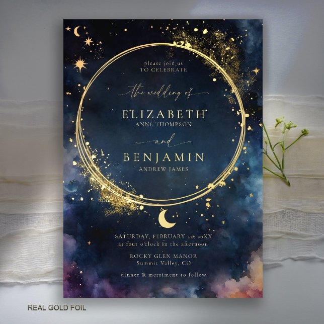 Invitation En Aluminium Cadeau céleste Minuit Bleu Romantique Star Mariage (celestial wedding invitation gold foil watercolor starry night sky galaxy universe astrology navy)