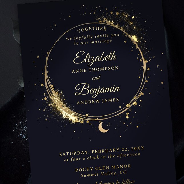 Invitation En Aluminium Cadeau céleste Moody Marine Elégant Mariage Or (celestial wedding invitation elegant modern frame moon stars sky frame moody dark gold foil)