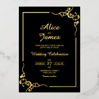 Invitation En Aluminium Cadre à Tourbillon de Cœur Élégant Mariage Noir et