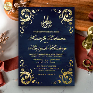 Invitation En Aluminium Cadre Antique Bleu Marine Mariage Islamique Or