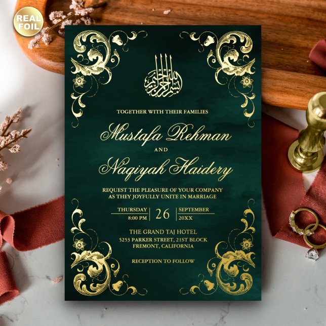 Invitation En Aluminium Cadre antique Emerald Green Mariage islamique Or (Créateur téléchargé)