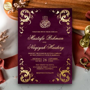 Invitation En Aluminium Cadre Antique Mariage Islamique Violet Prune Or