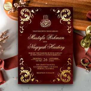 Invitation En Aluminium Cadre Antique Rouge Bourgogne Mariage Islamique Or