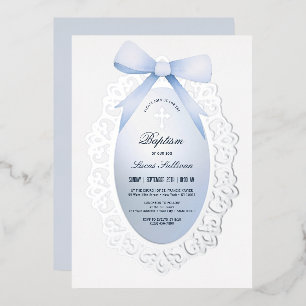 Invitation En Aluminium Cadre argenté vintage baptême au ruban bleu