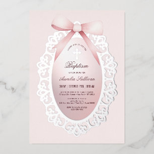 Invitation En Aluminium Cadre argenté vintage noeud rose baptême